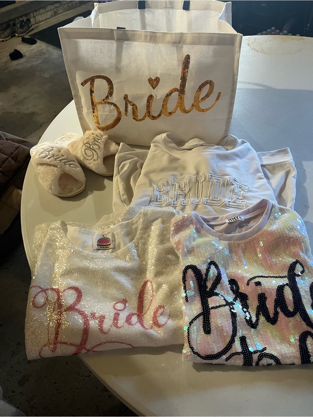 Bride Tote & Matching 'Bride' Set includes 2 sequin tops, sweatshirt & slippers